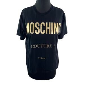 MOSCHINO Couture Black Gold Top Cotton Crew Neck Straight Hem Pullover Size XXS